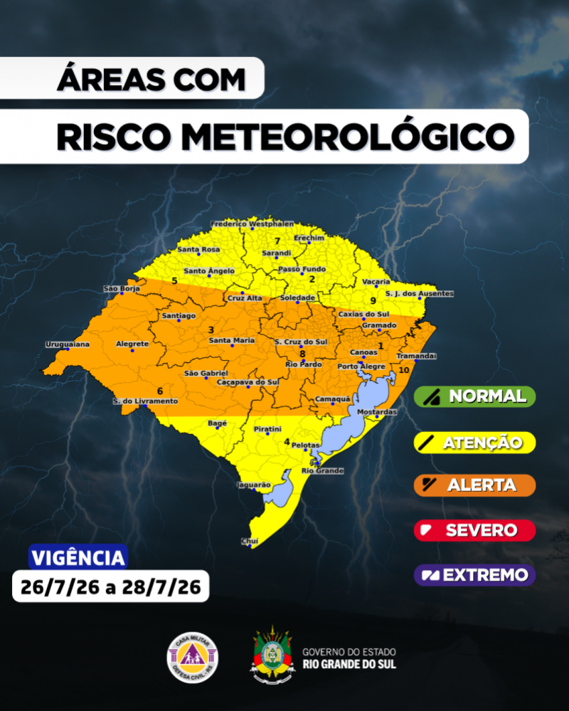 Defesa Civil alerta para temporais no Rio Grande do Sul